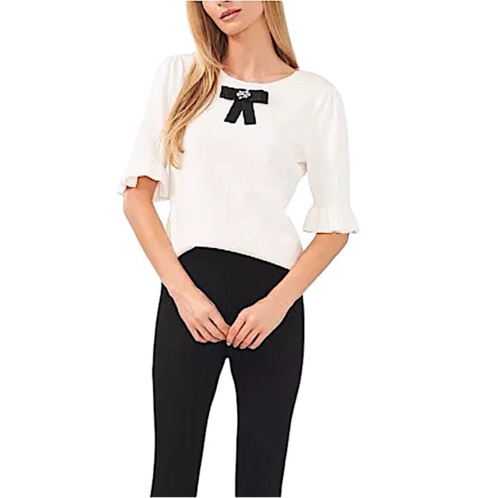 CeCe Crystal Bow Front Ruffle Cuff Sweater Top White Black Coquette Casual M - Picture 7 of 15